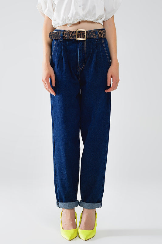 Q2 raw blauwe mom jeans met plooidetail