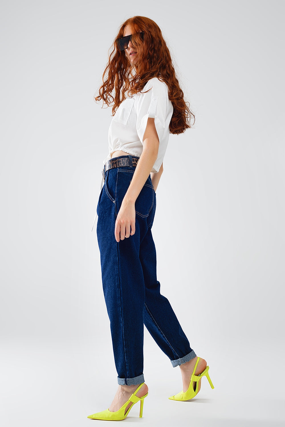 raw blauwe mom jeans met plooidetail