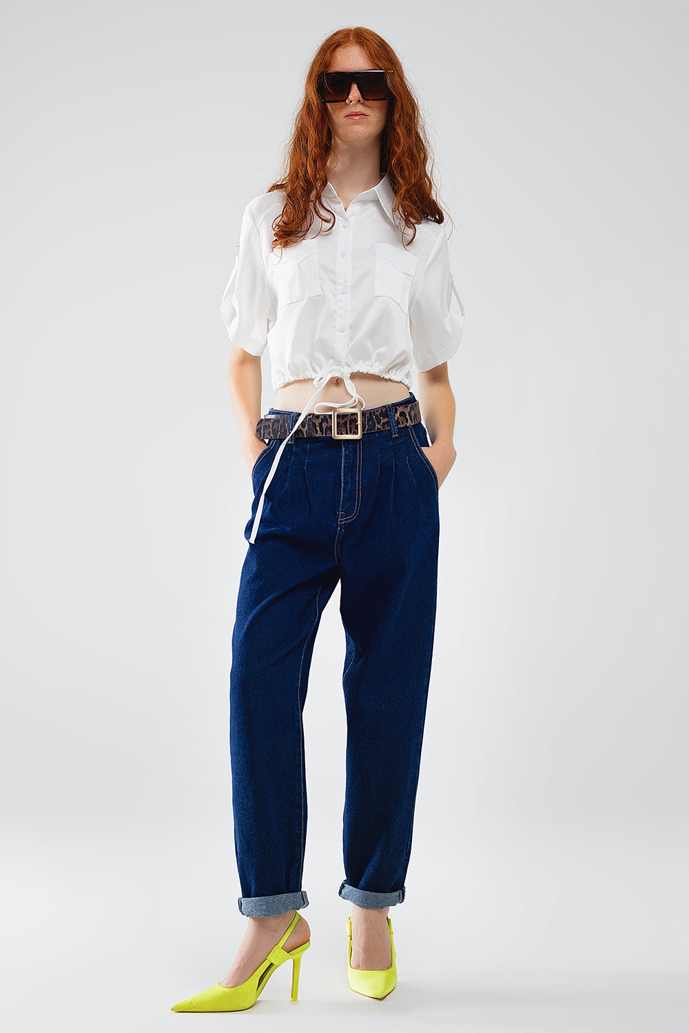 raw blauwe mom jeans met plooidetail