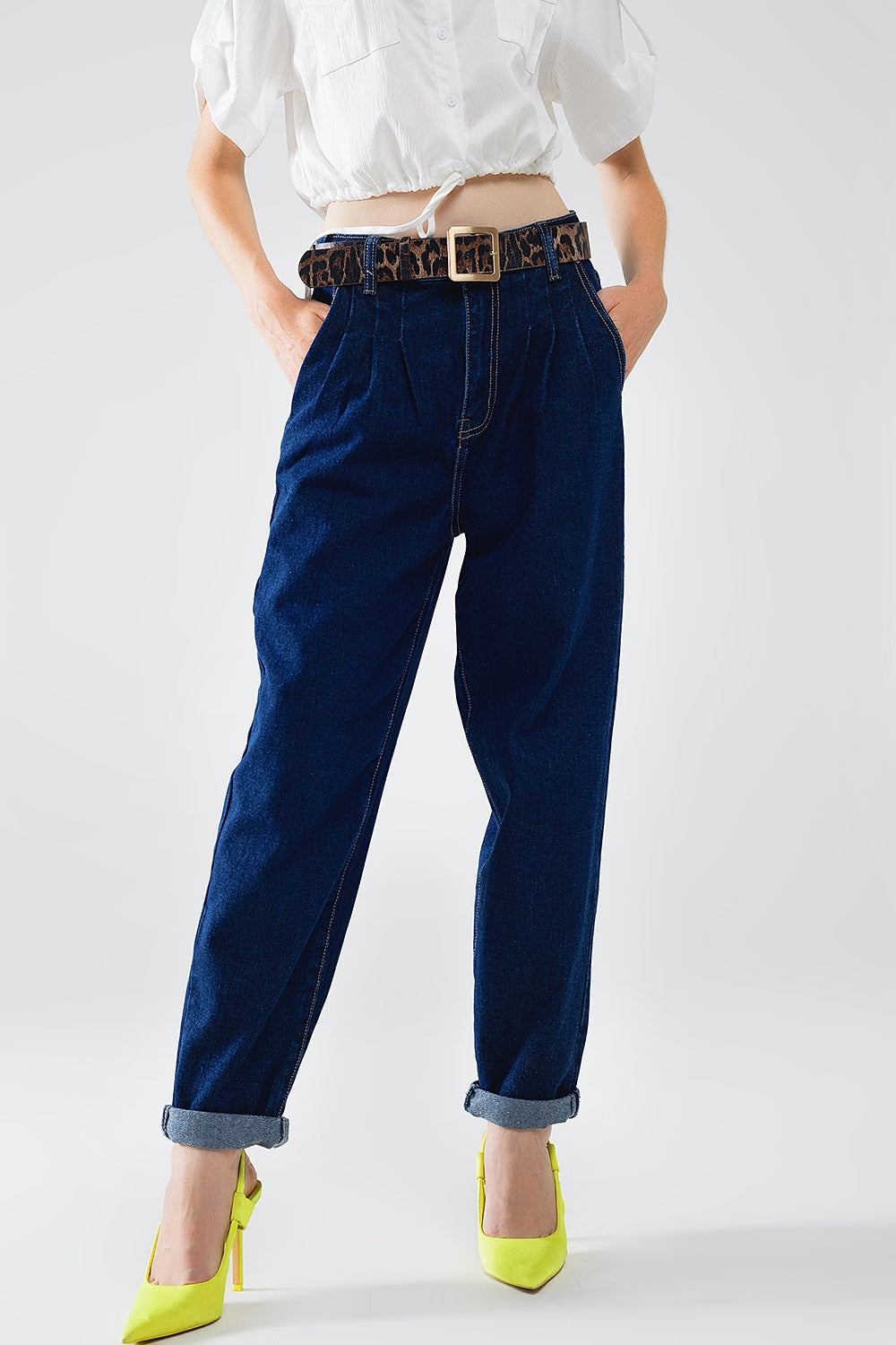 raw blauwe mom jeans met plooidetail