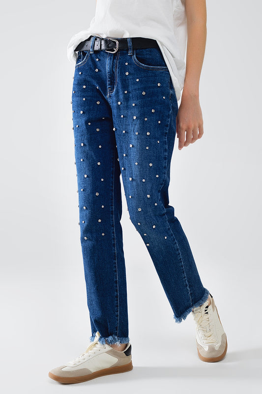 Q2 Rechte blauwe jeans met Strass details aan de voorkant en gerafelde uiteinden