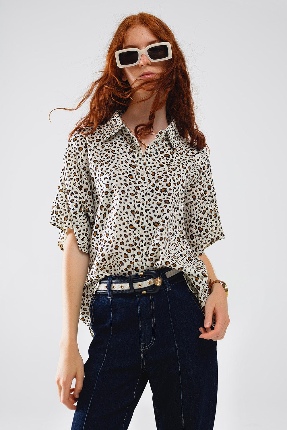 Q2 Relaxed oversized shirt met luipaardprint en korte mouwen