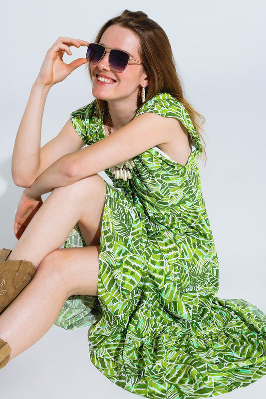 Q2 Romantische midi jurk met gerimpelde korte mouwen in groene bladprint