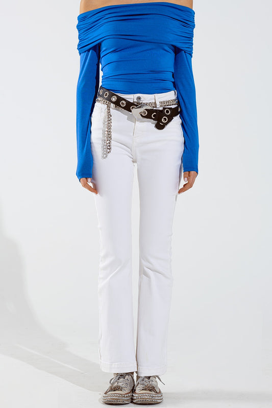 Q2 Skinny flared jeans met knoopdetail in wit