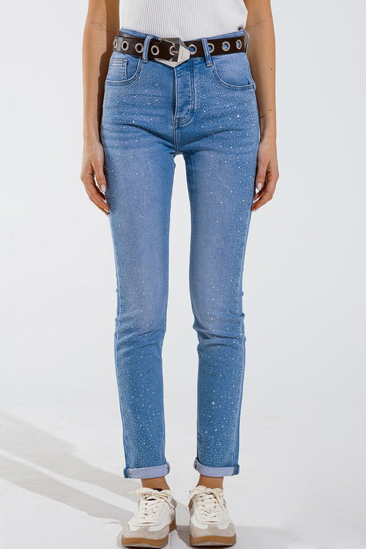 Q2 Skinny jeans in gewassen blauw met strass over de hele voorkant