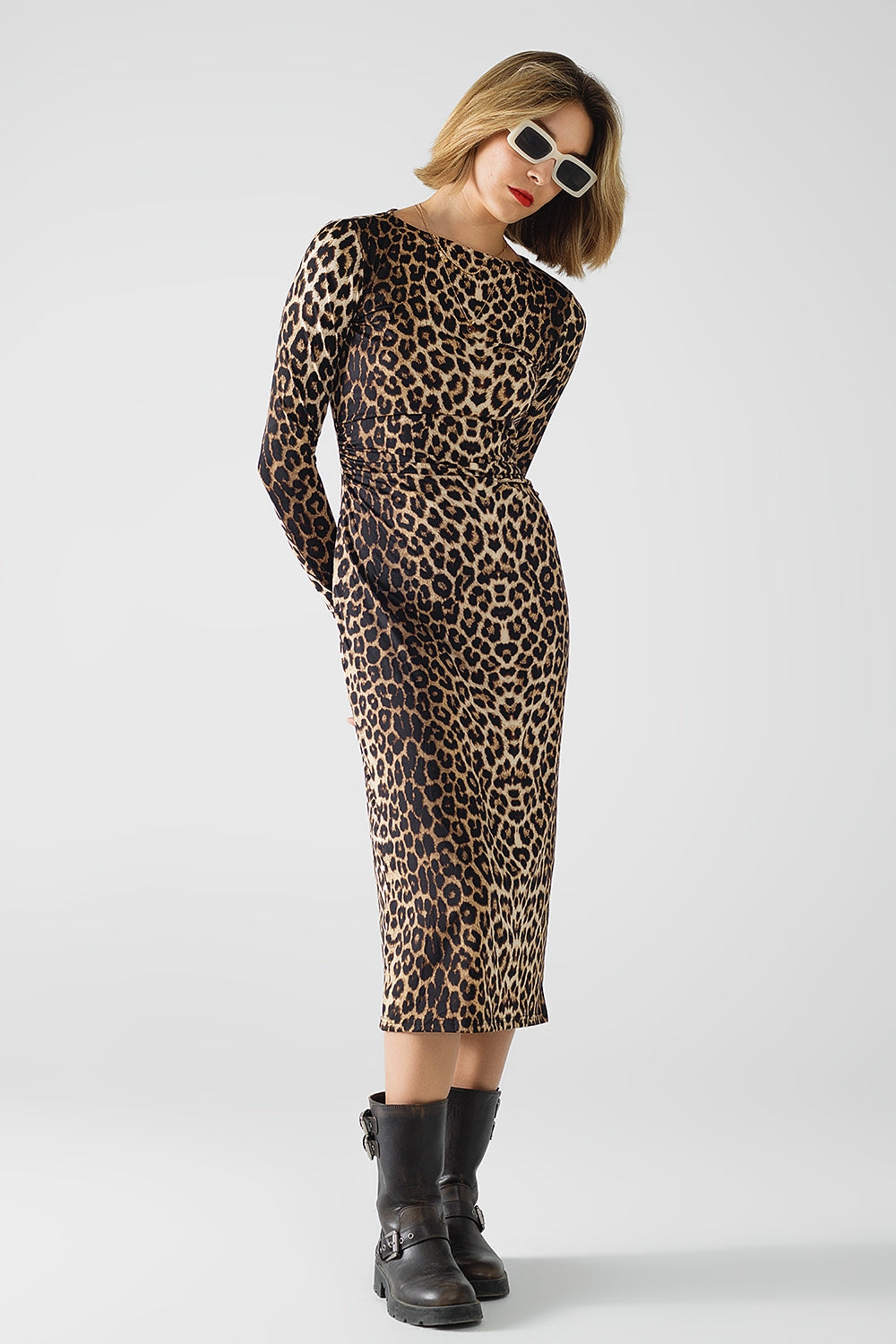 Spandex jurk met luipaardprint en plooidetail in de taille