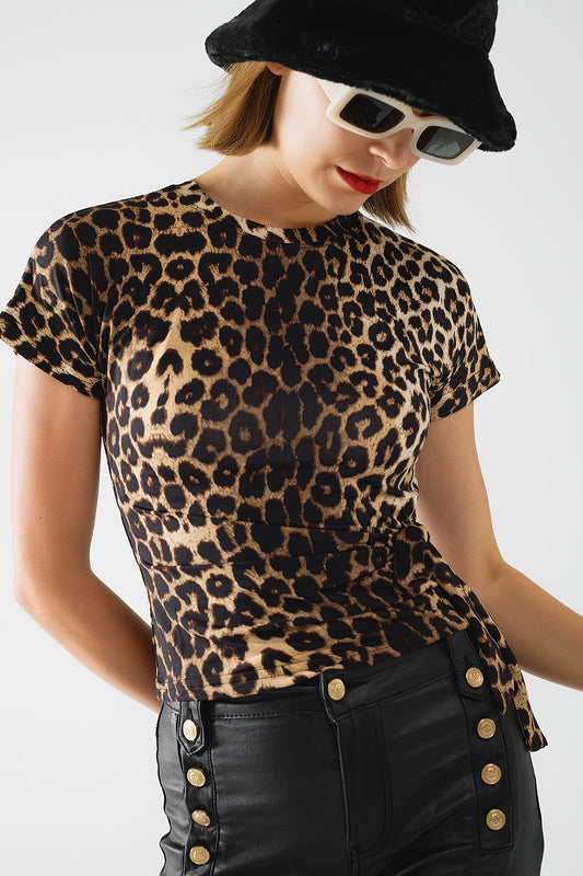 Q2 Spandex t-shirt met luipaardprint en strikdetail