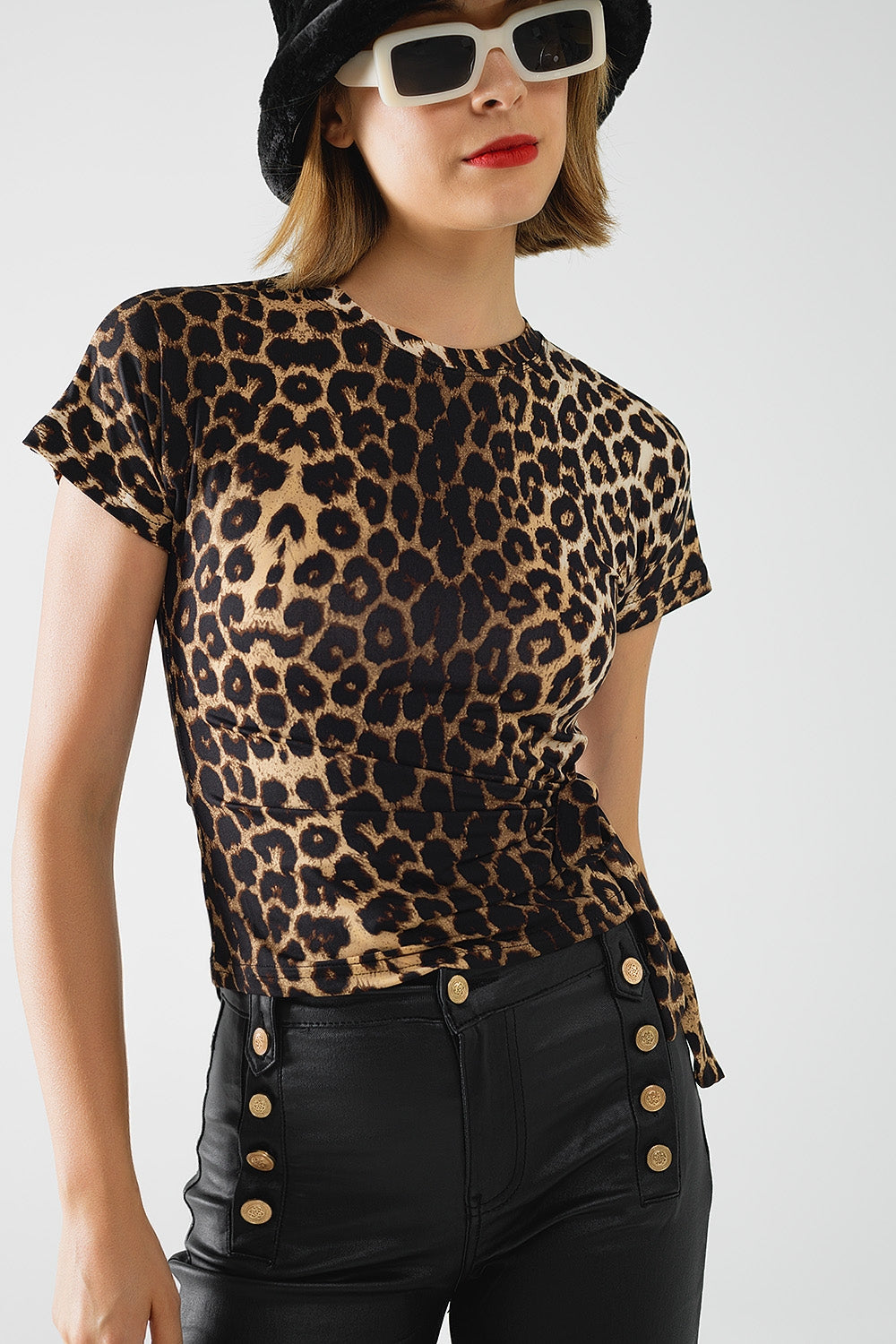 Spandex t-shirt met luipaardprint en strikdetail