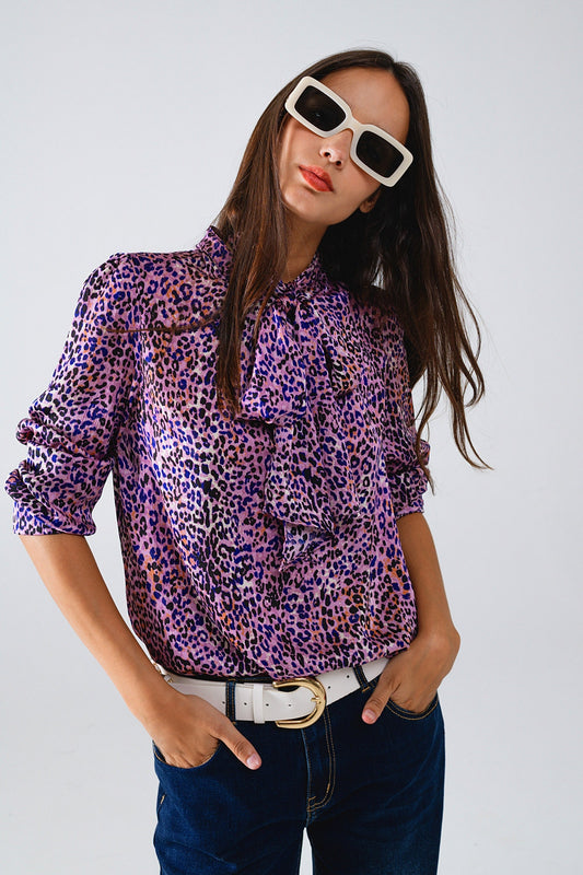 Q2 Strik aan de hals met dierenprint paars Blouse