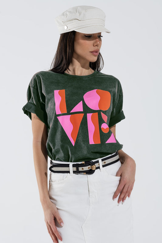 Q2 T-shirt met LOVE art deco digitale print in Grijs