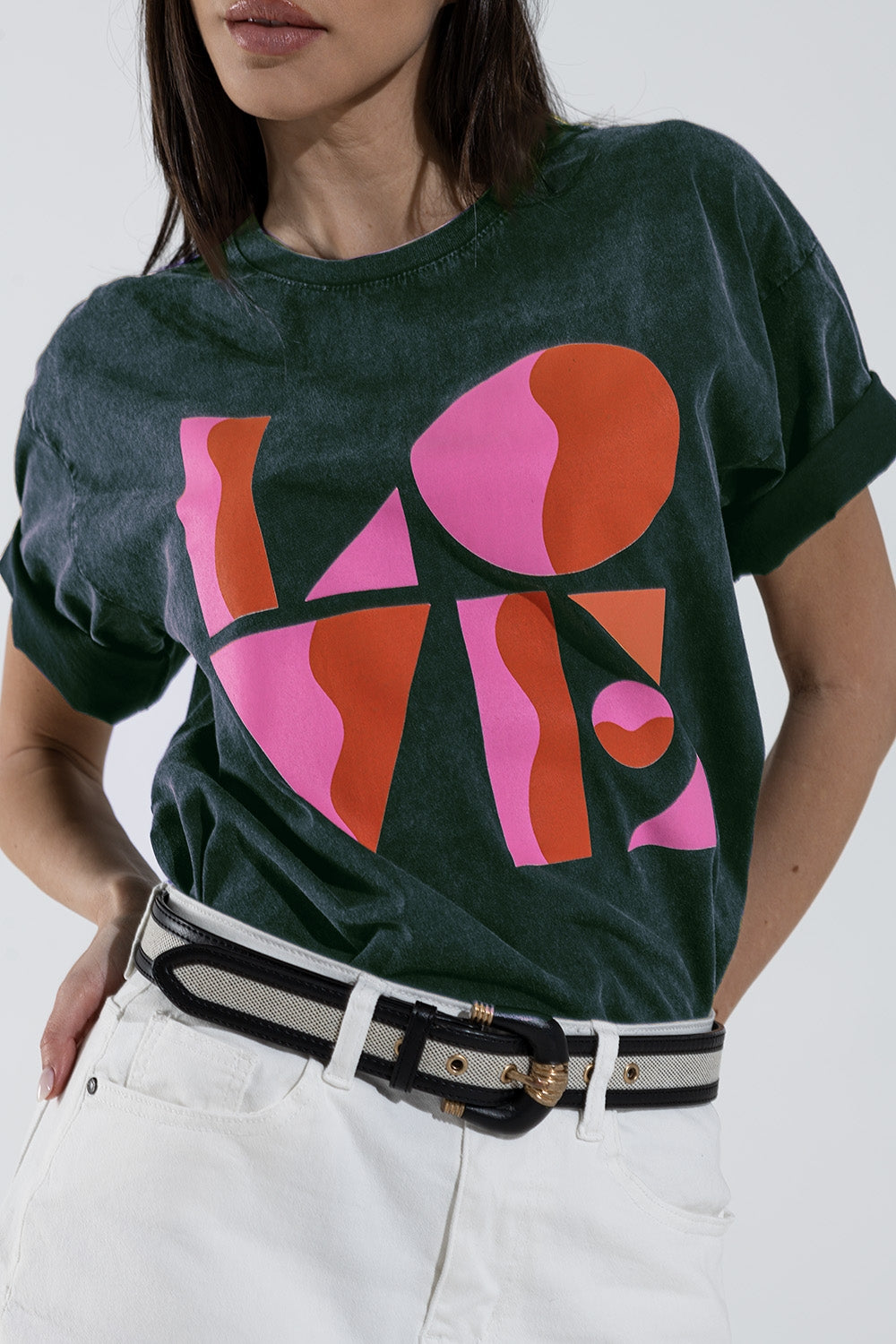 T-shirt met LOVE art deco digitale print in Grijs