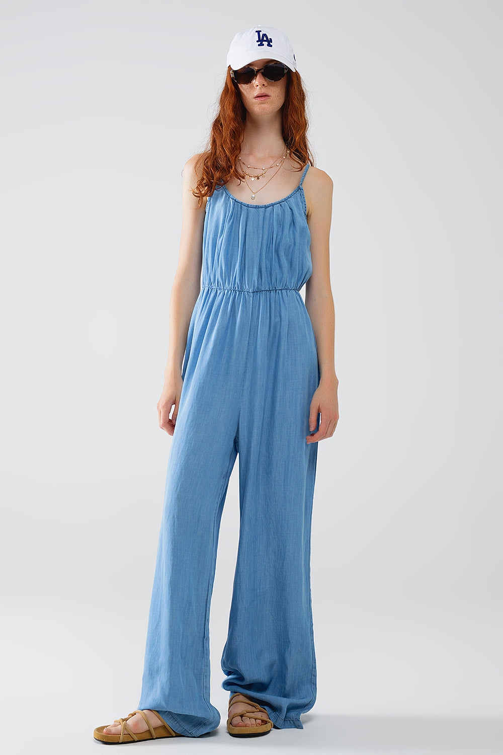 Q2 Tencel Denim jumpsuit zonder mouwen met elastische taille