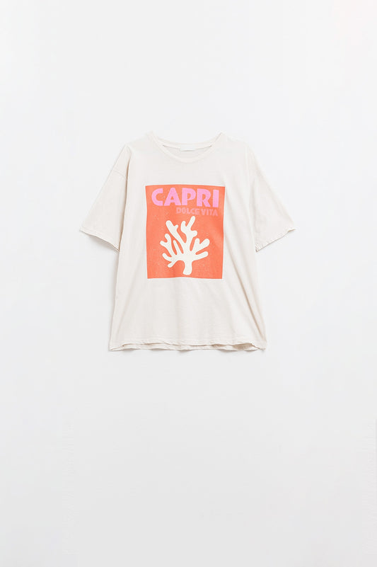 Q2 Wit capri Dolce Vita T-shirt met oranje grafische print