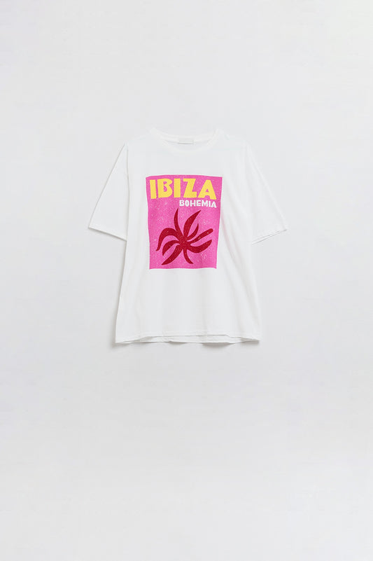 Q2 Wit Ibiza Bohemia Ontspannen T-Shirt Met Roze Print