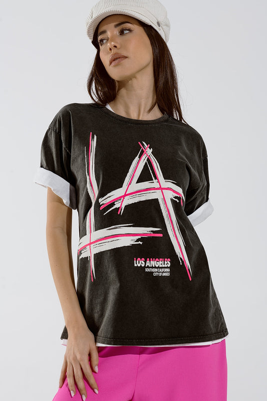 Q2 Zwart T-shirt met opdruk LA Los Angeles-logo