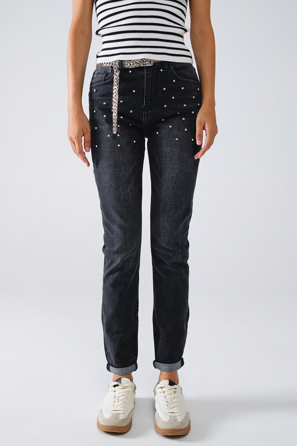 Q2 Zwarte skinny jeans met steentjes