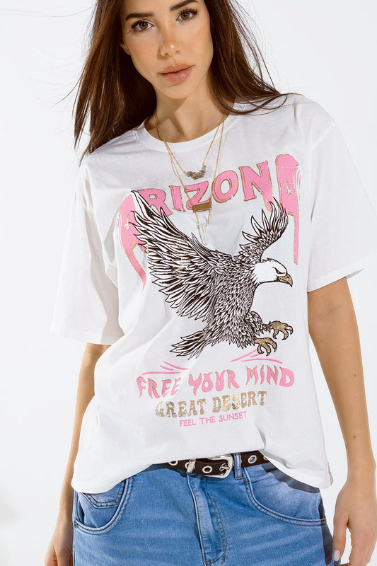 Q2 Arizona T-shirt met adelaar digitale opdruk in wit