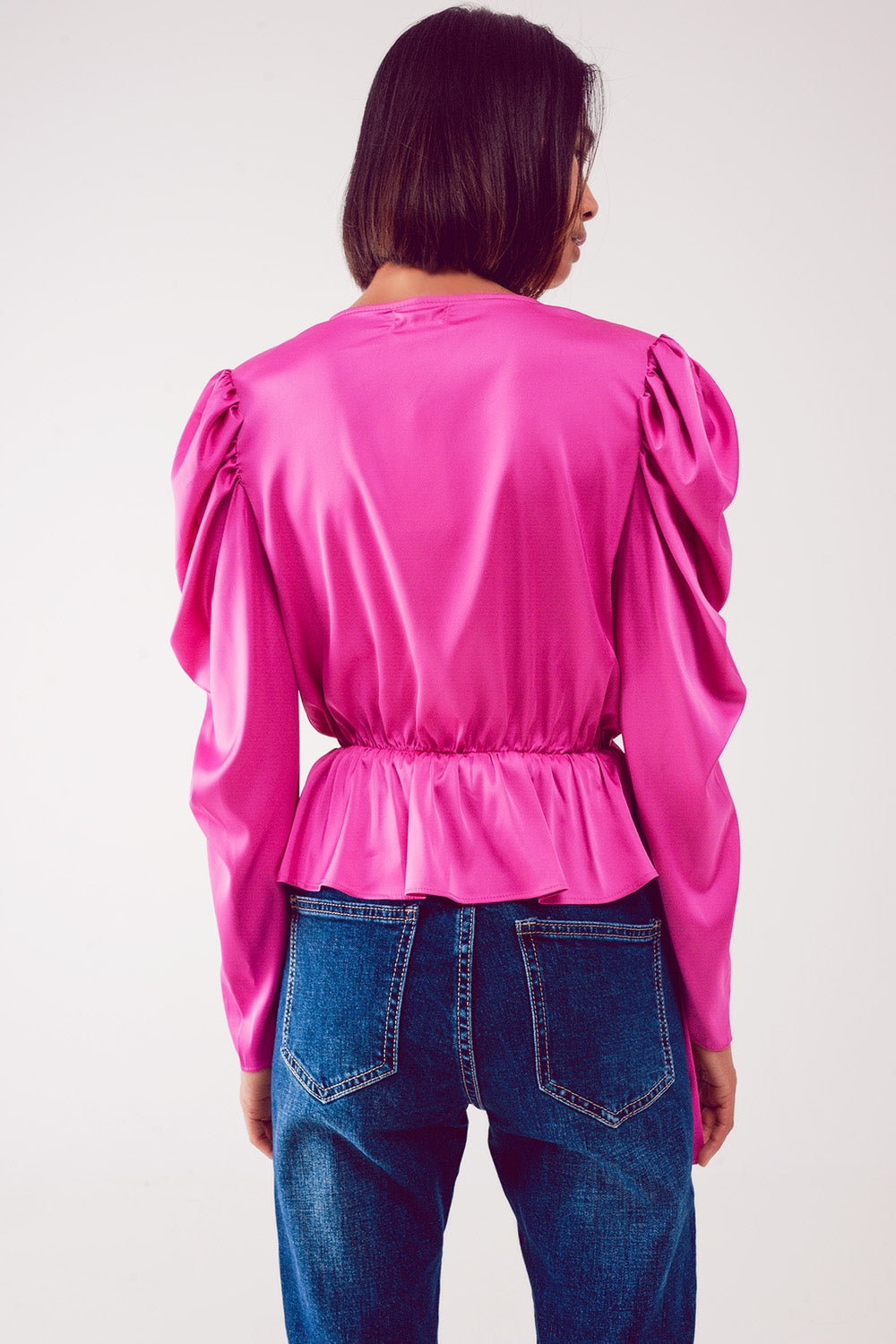 Asymmetrische blouse met pofmouwen in fuchsia