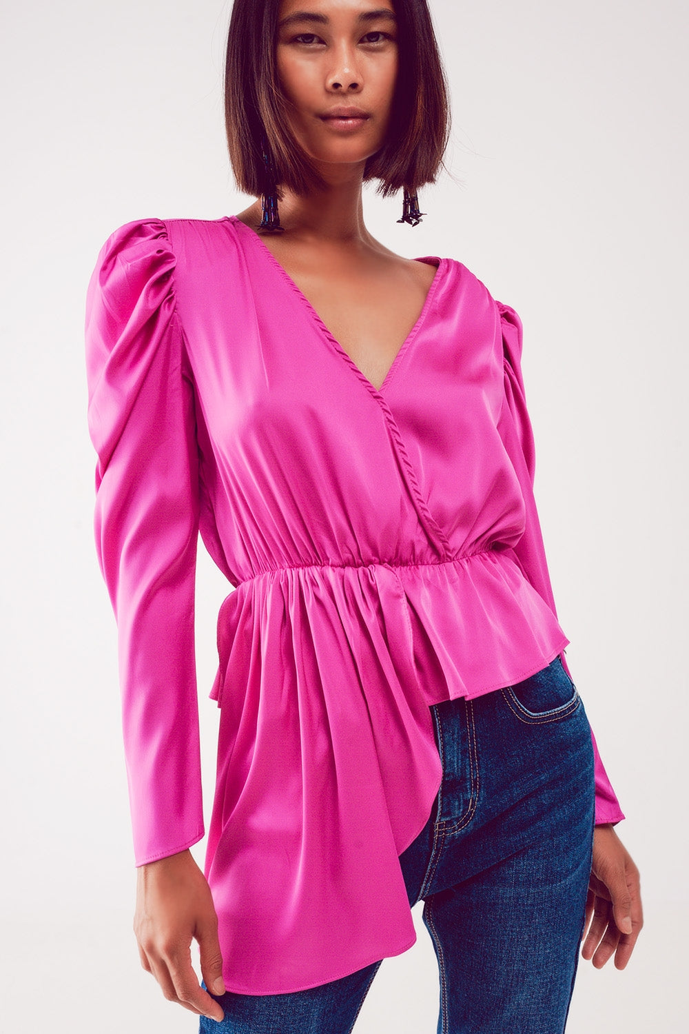 Asymmetrische blouse met pofmouwen in fuchsia