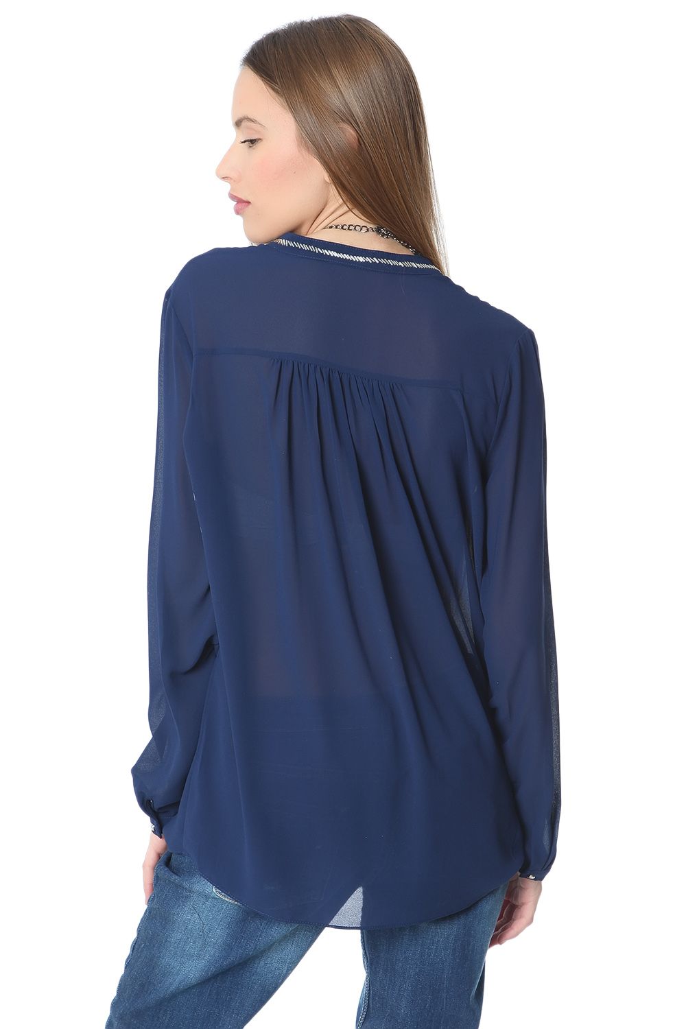 Blauwe blouse van chiffon met zilveren versiering