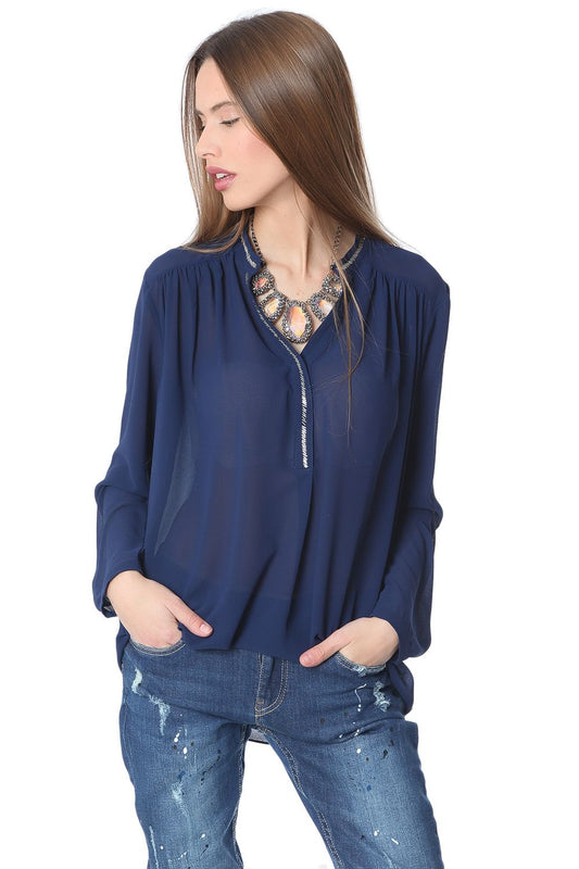 Q2 Blauwe blouse van chiffon met zilveren versiering