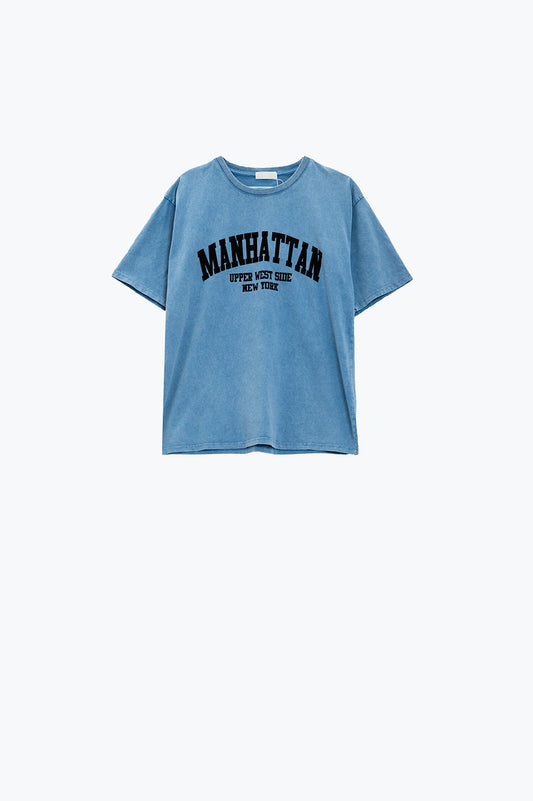 Q2 Blauwe T-shirt met manhattan tekst