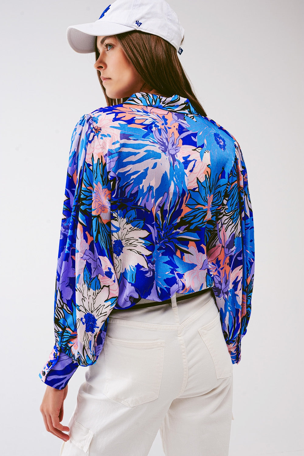 Bloemenprint chiffon blouse in blauw