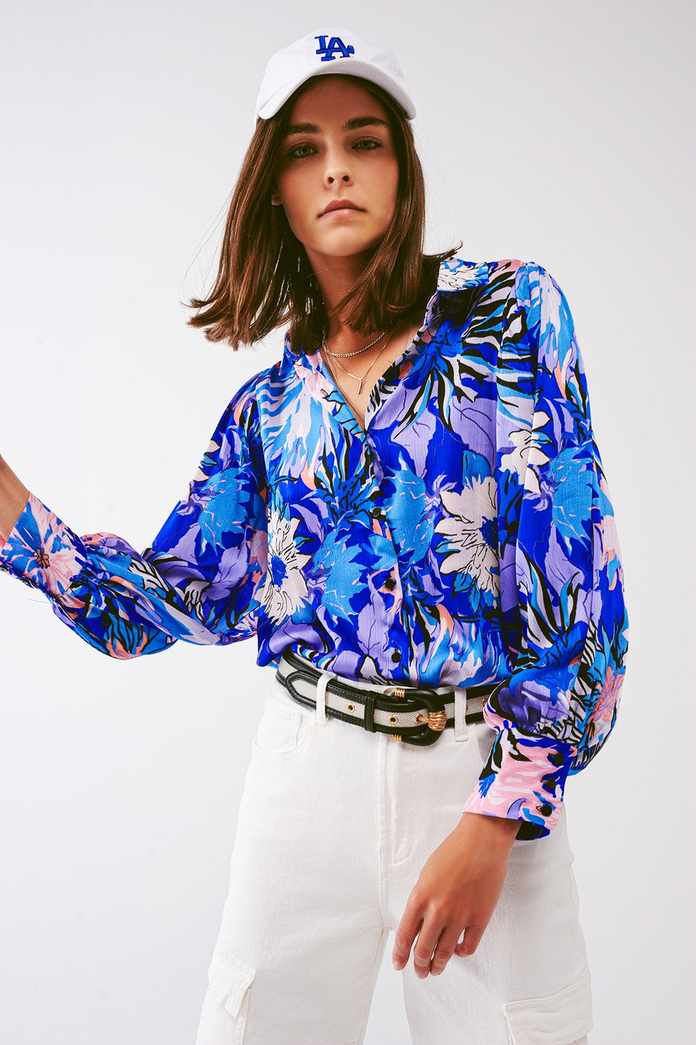 Bloemenprint chiffon blouse in blauw