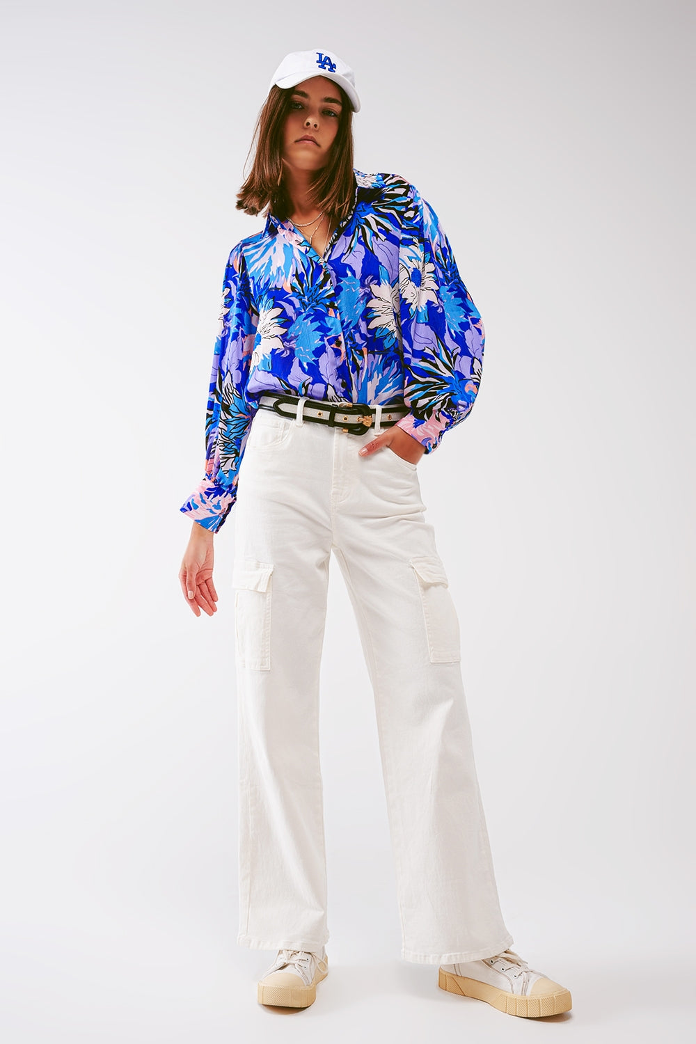 Bloemenprint chiffon blouse in blauw