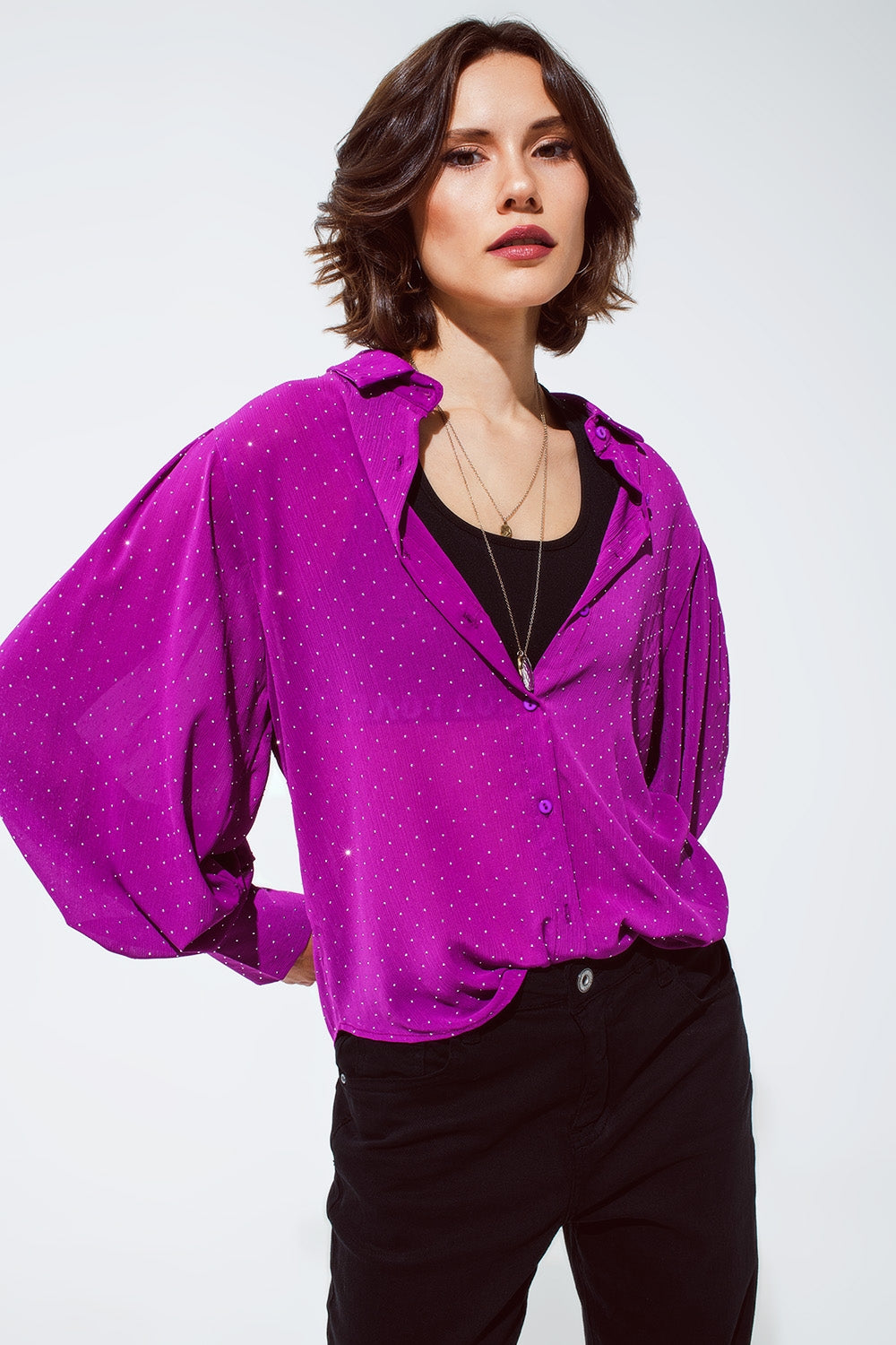 Blouse in magenta met strassdetail