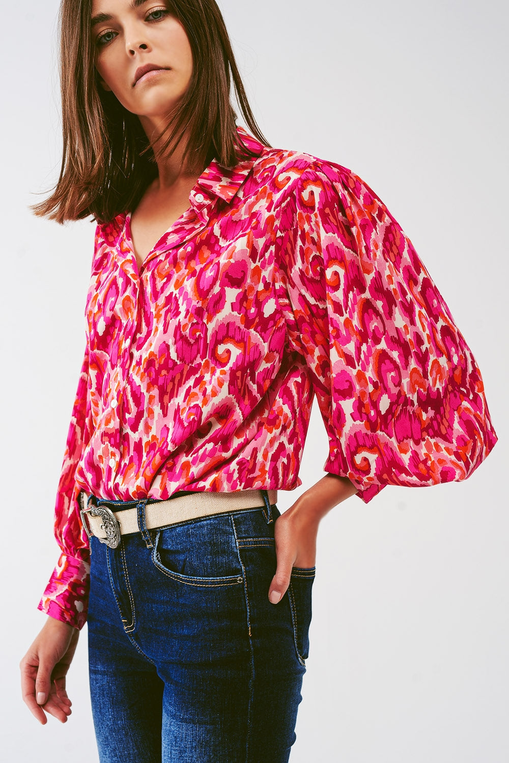 Blouse met bloemenprint en volumineuze mouwen in roze