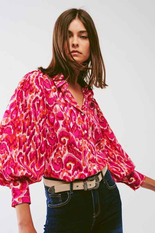 Q2 Blouse met bloemenprint en volumineuze mouwen in roze