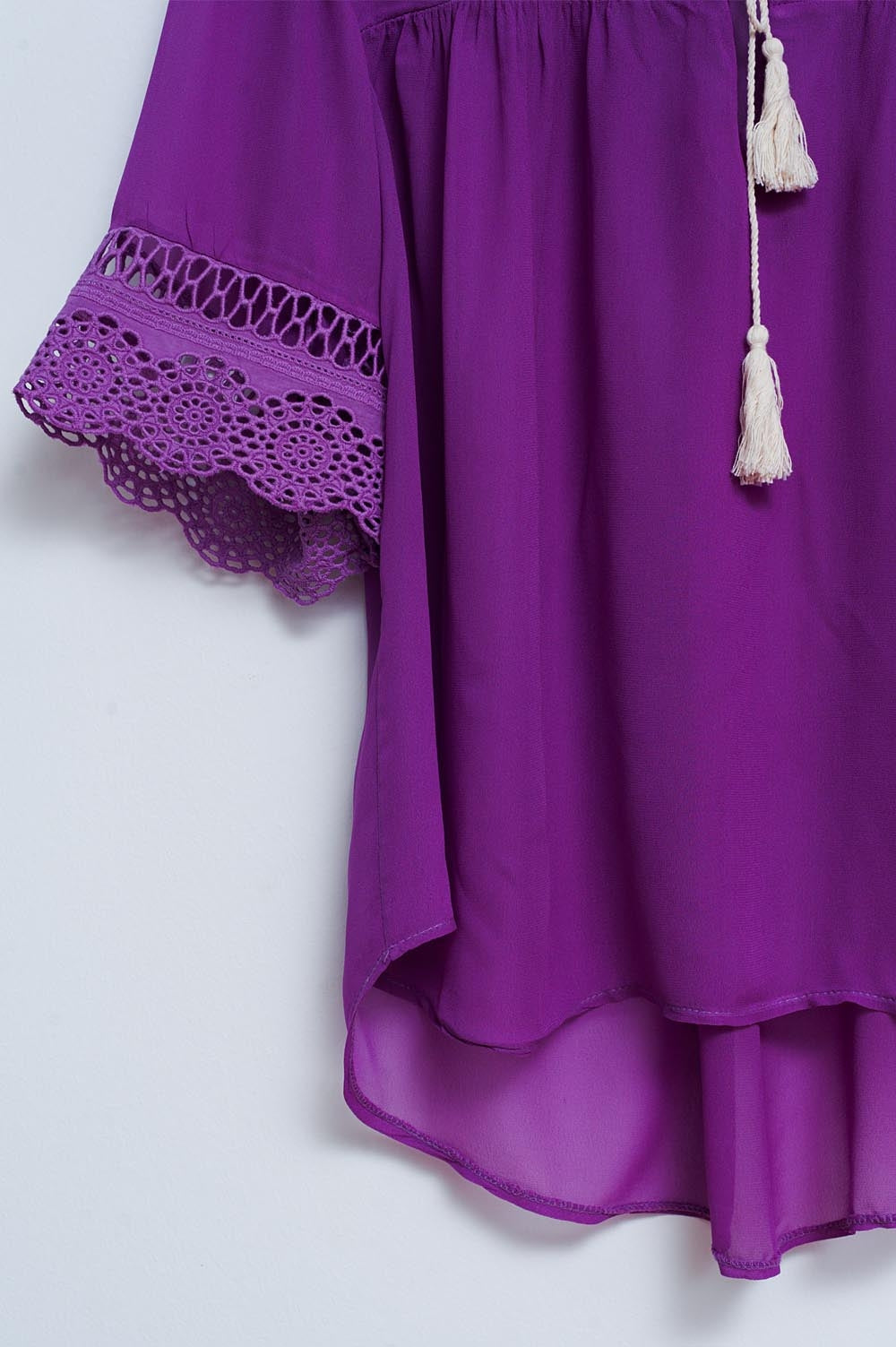 Blouse with embroidery and tie front in Purple