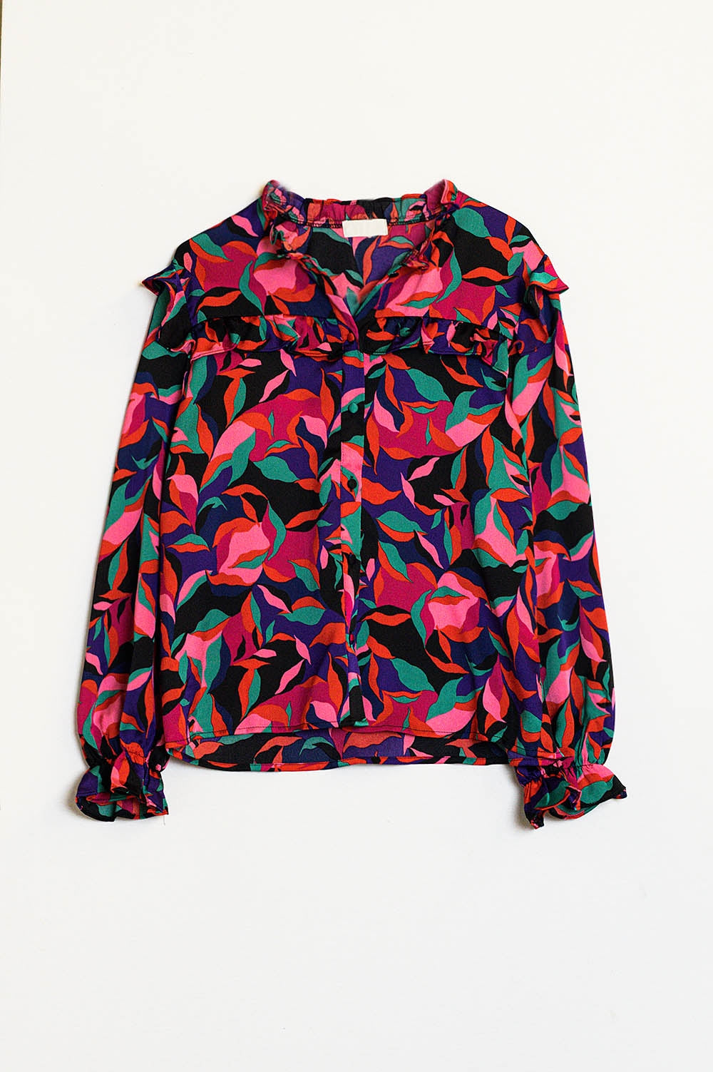 Q2 Blouse met ruches aan de hals en manchetten in kleurrijk abstract bladermotief