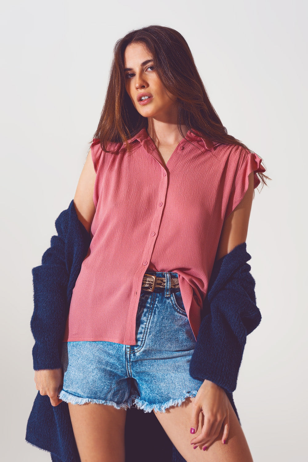 Q2 Blouse met ruches korte mouw in roze