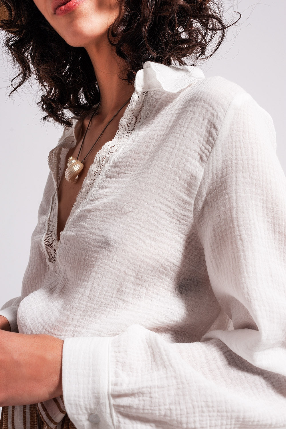 Blouse with V-neck lace detail in cream