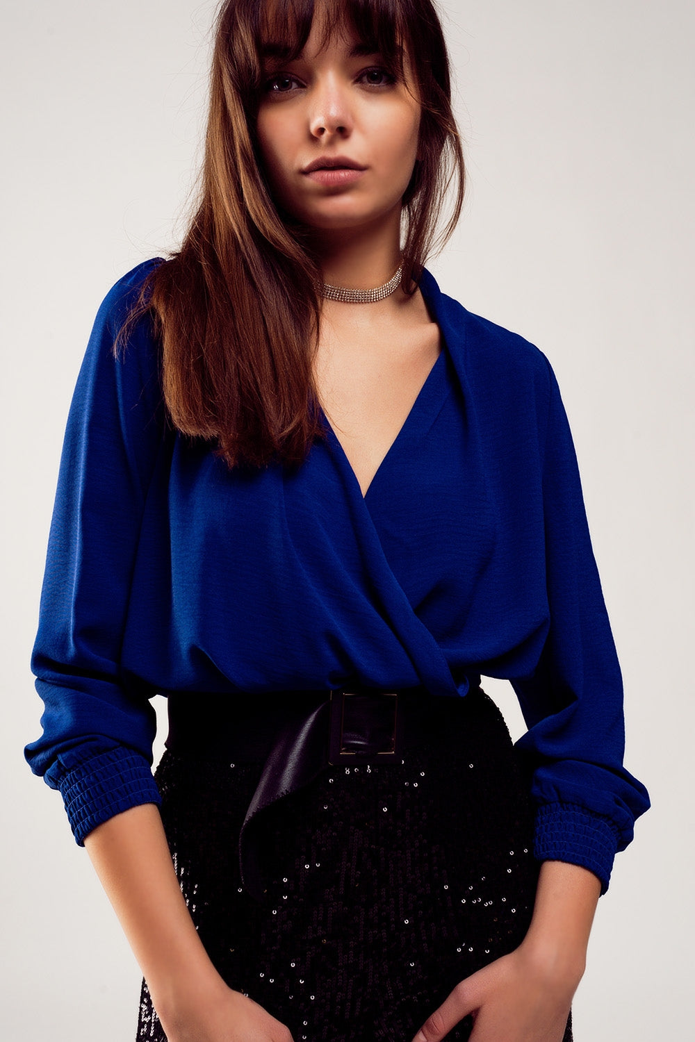 Blouse satin met lange mouwen in blauw