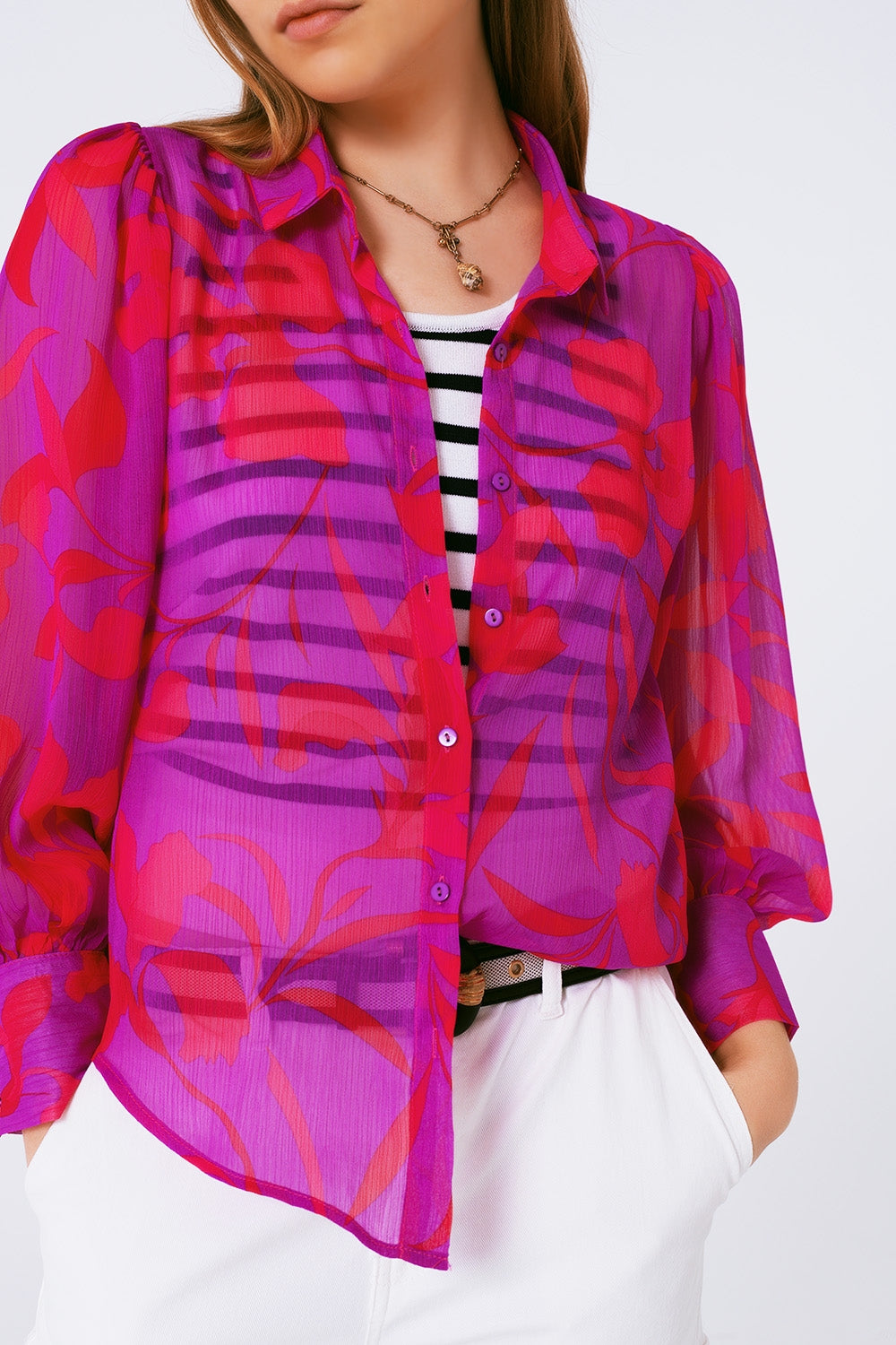 blouse van chiffon met bloemenprint in fuchsia