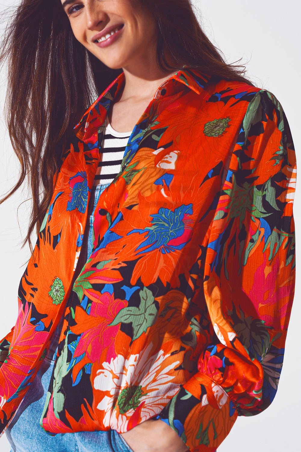 chiffon Bloemen Print Blouse met Ballonmouwen in zwart