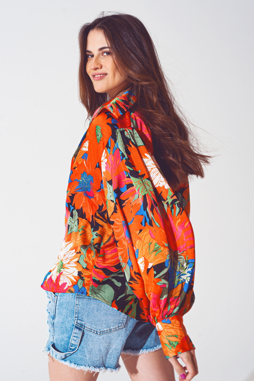 chiffon Bloemen Print Blouse met Ballonmouwen in zwart