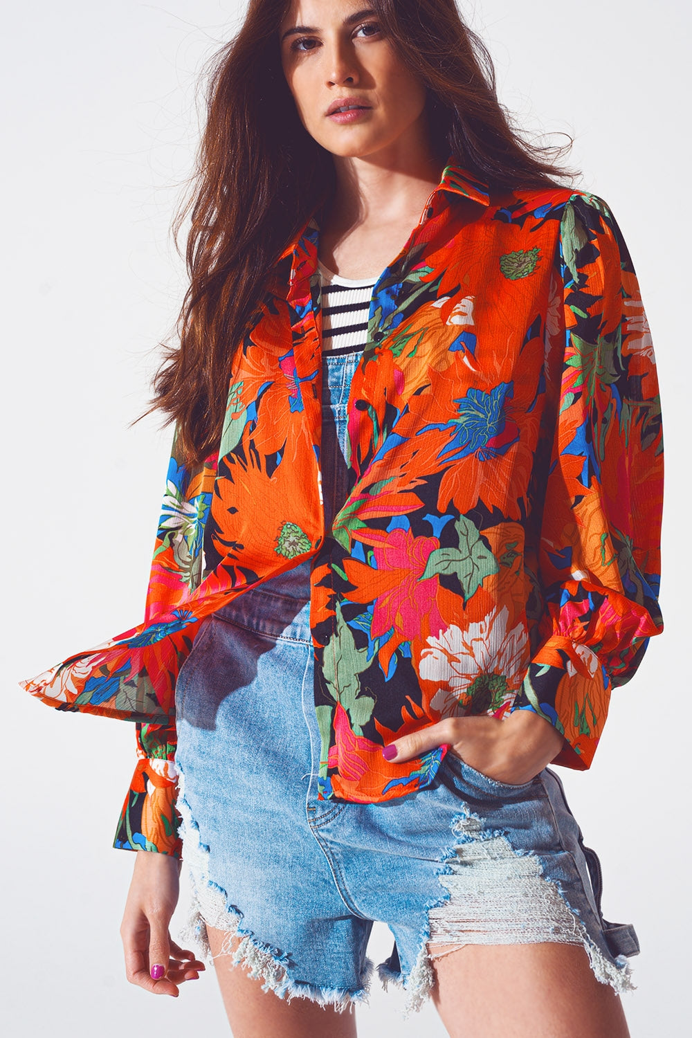 chiffon Bloemen Print Blouse met Ballonmouwen in zwart