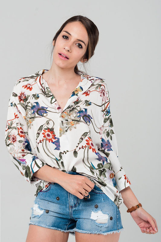 Q2 Creme blouse met bloemenprint