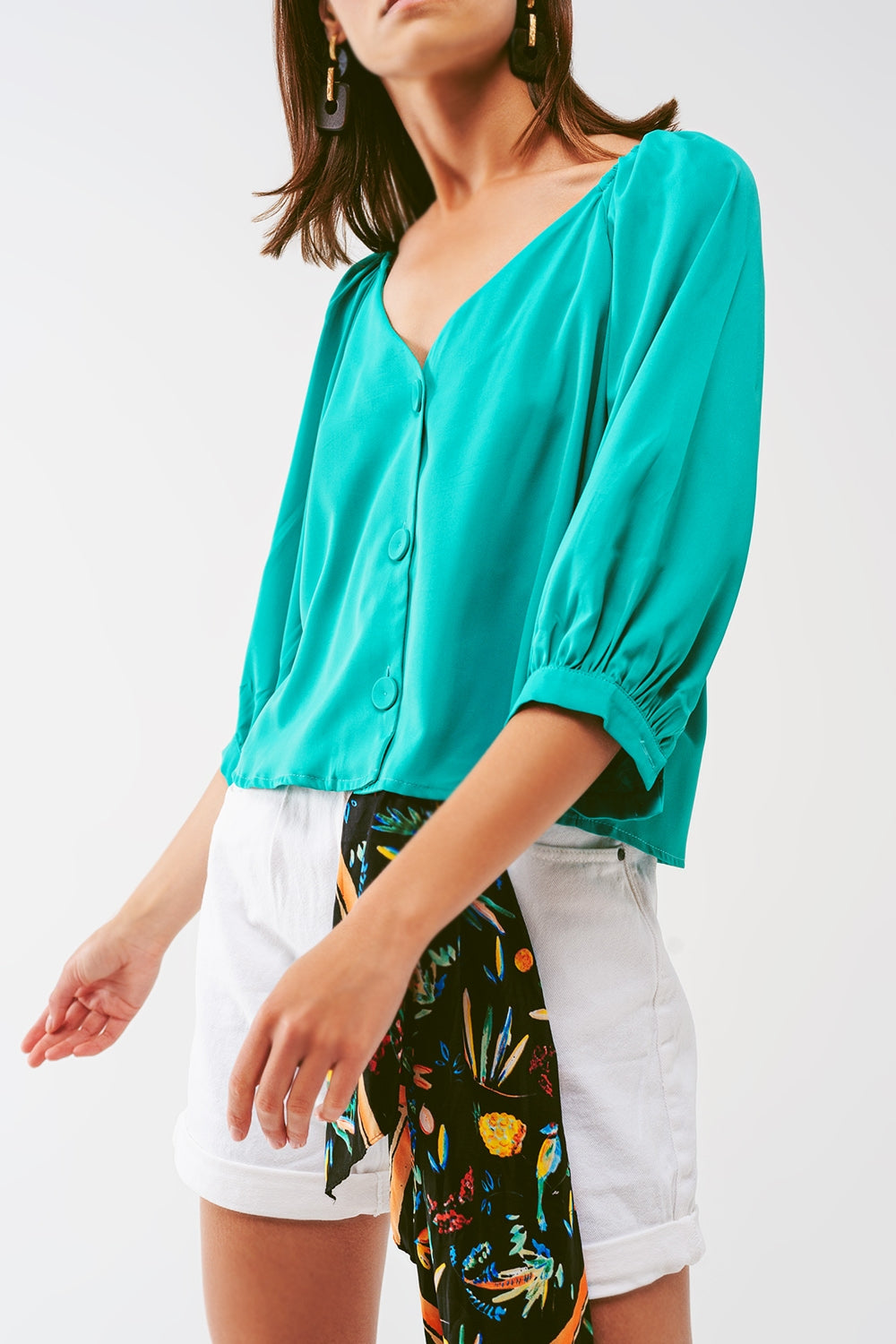 Cropped blouse met knoopsluiting in groen