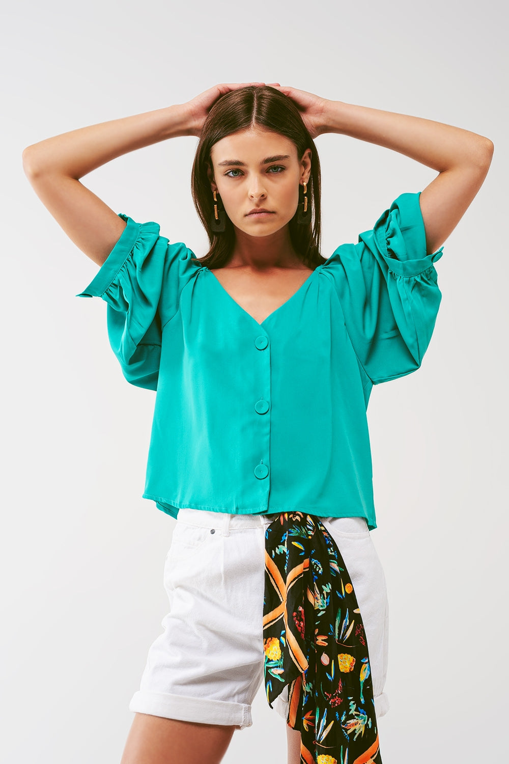 Cropped blouse met knoopsluiting in groen