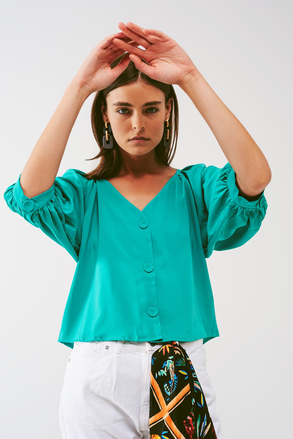 Q2 Cropped blouse met knoopsluiting in groen