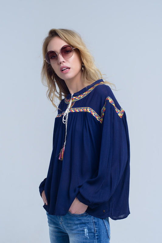 Q2 Embroidered navy blouse