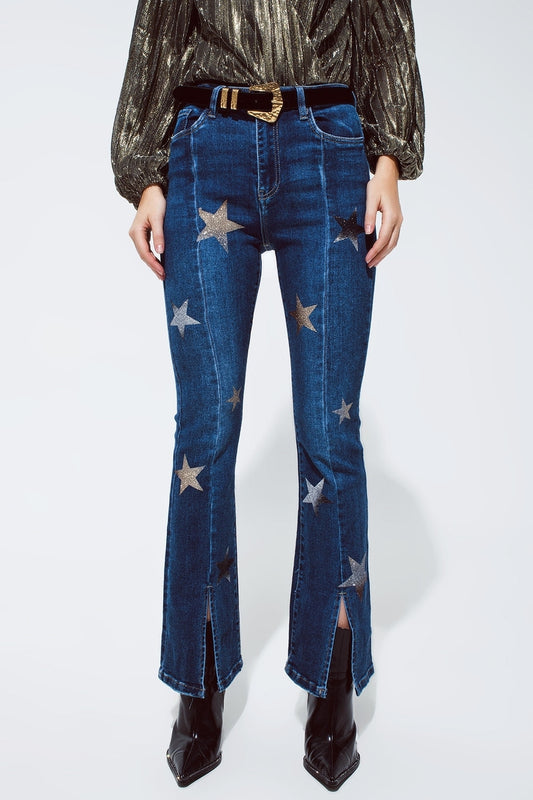 Q2 Flared Jeans met Glimmend Sterrendetail in Blauw