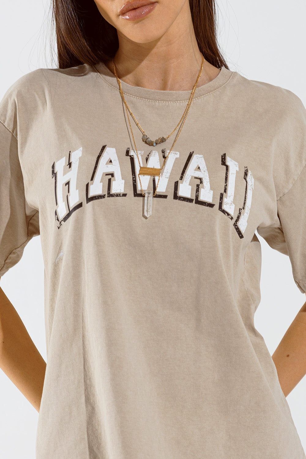 Gewassen effect Hawaii T-shirt in beige