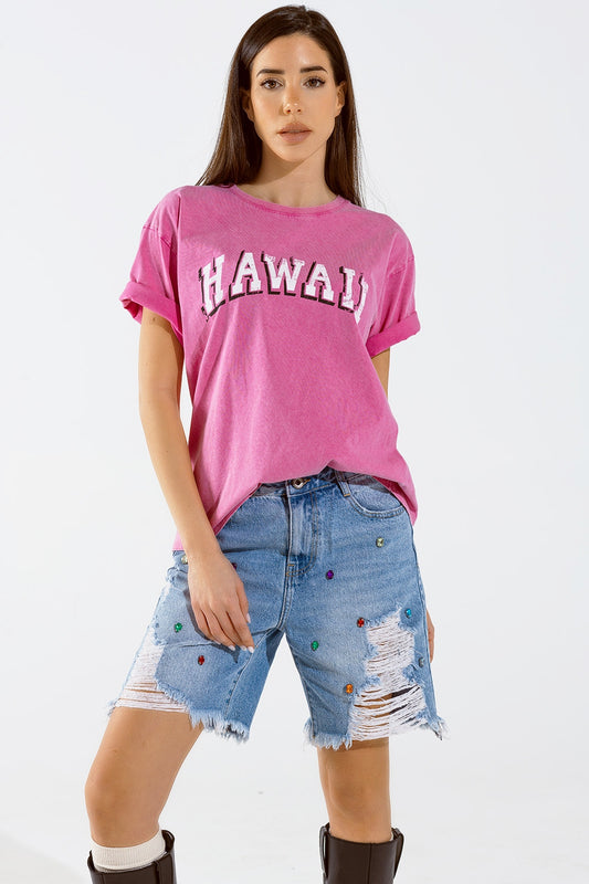 Q2 Gewassen Effect Hawaii T-shirt In Fuschia