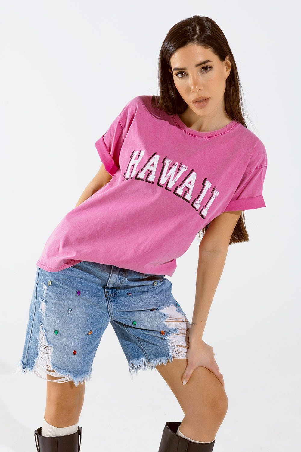 Gewassen Effect Hawaii T-shirt In Fuschia